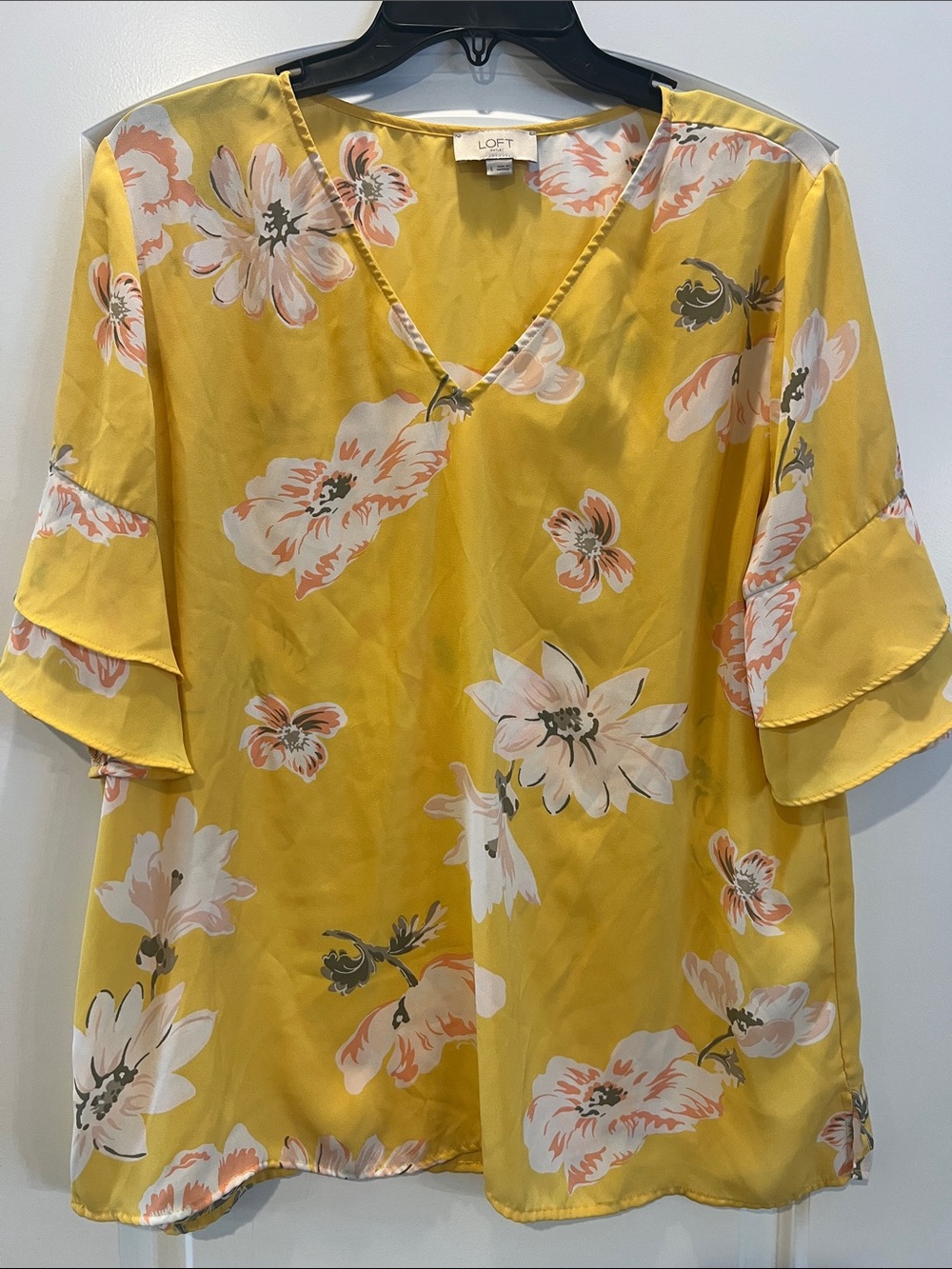 LOFT Yellow Floral V-Neck Ruffle Sleeve Top